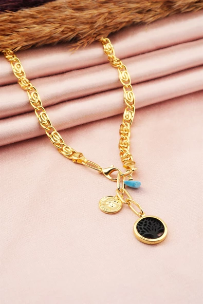 Kadın Özel Tasarım Siyah Hayat Ağacı Figürlü Dogal Taşlı Kolye - Resim 3