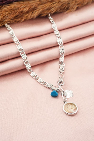 Kadın Özel Tasarım Beyaz Hayat Ağacı Figürlü Dogal Taşlı Kolye - Resim 2