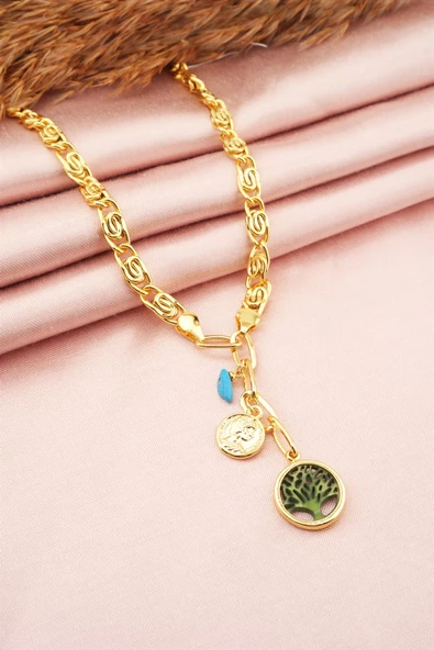 Kadın Özel Tasarım Yeşil Hayat Ağacı Figürlü Dogal Taşlı Kolye - Resim 3