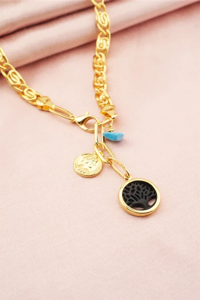 Kadın Özel Tasarım Siyah Hayat Ağacı Figürlü Dogal Taşlı Kolye - Resim 2