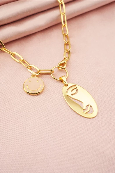 Kadın Gülen Yüz Figürlü Mineli Kolye - Resim 2