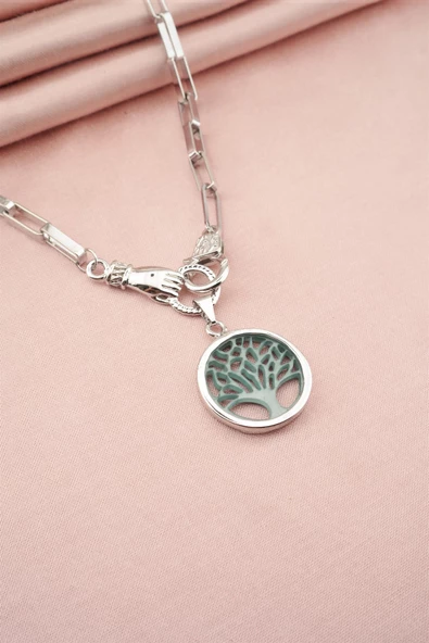 Kadın Özel Tasarım Hayat Ağacı ve El Figürlü  Örme Zincirli Kolye ürün görseli