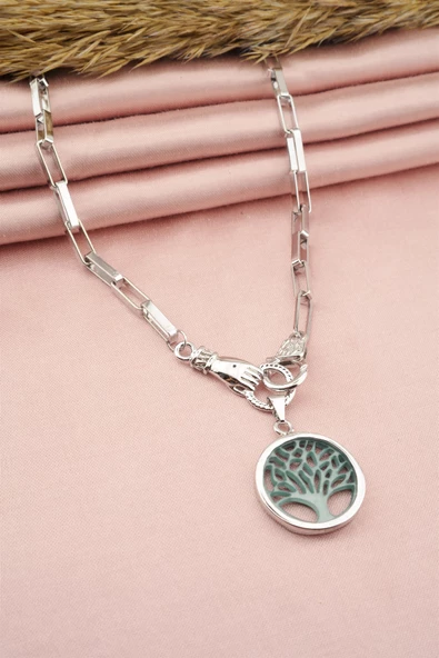 Kadın Özel Tasarım Hayat Ağacı ve El Figürlü  Örme Zincirli Kolye - Resim 2