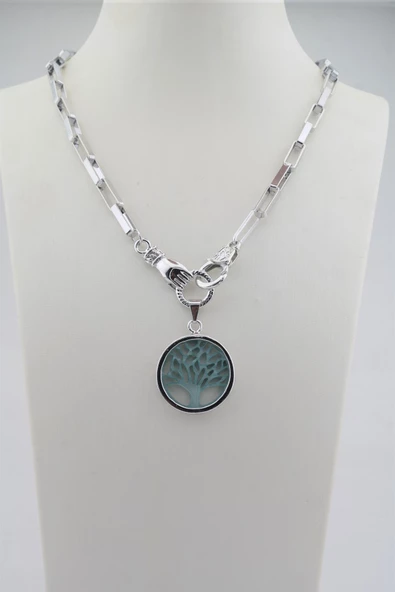 Kadın Özel Tasarım Hayat Ağacı ve El Figürlü  Örme Zincirli Kolye - Resim 3