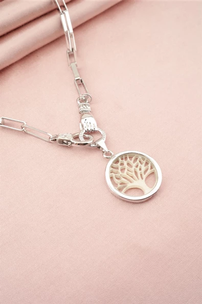 Kadın Özel Tasarım Hayat Ağacı ve El Figürlü  Örme Zincirli Kolye ürün görseli