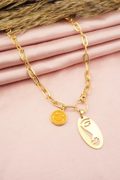 Kadın Gülen Yüz Figürlü Mineli Kolye - Resim 2