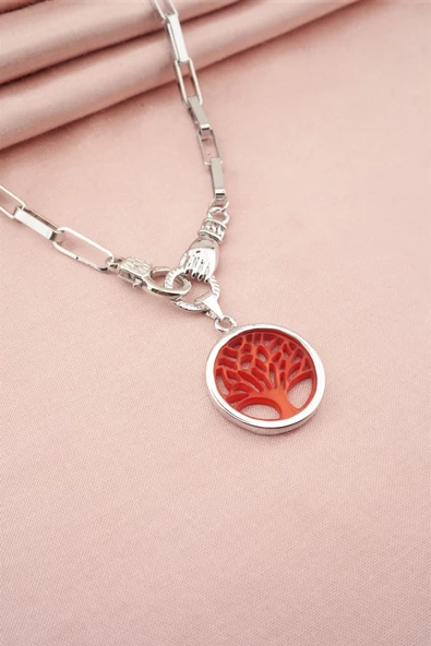 Kadın Özel Tasarım Hayat Ağacı ve El Figürlü  Örme Zincirli Kolye ürün görseli