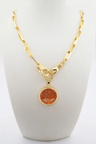 Kadın Özel Tasarım Hayat Ağacı ve El Figürlü  Örme Zincirli Kolye - Resim 2