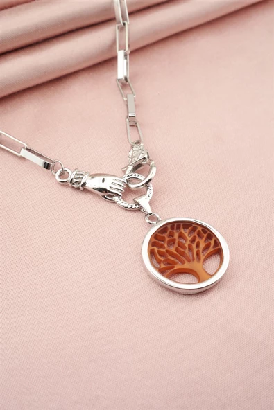 Kadın Özel Tasarım Hayat Ağacı ve El Figürlü  Örme Zincirli Kolye ürün görseli