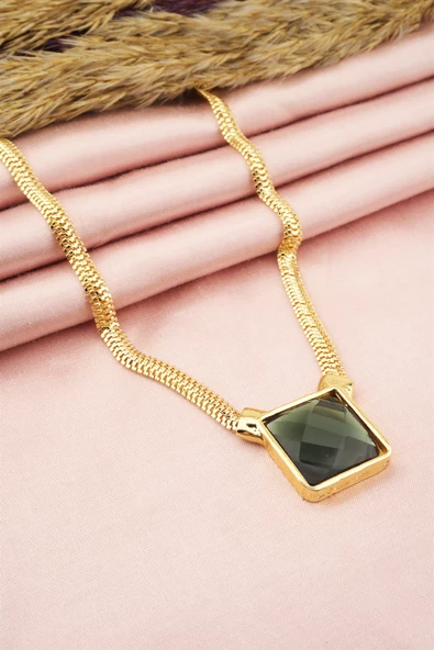 Kadın Özel Tasarım Kare Model Kesme Taşlı Model Yılan Zincirli Kolye - Resim 3