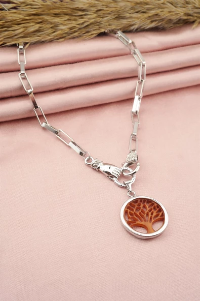 Kadın Özel Tasarım Hayat Ağacı ve El Figürlü  Örme Zincirli Kolye - Resim 2