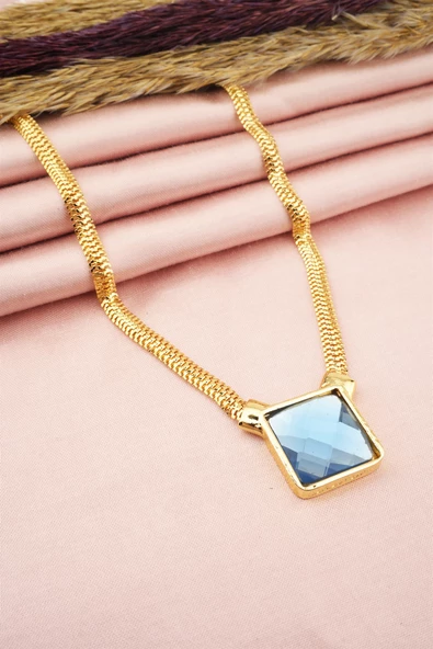 Kadın Özel Tasarım Kare Model Kesme Taşlı Model Yılan Zincirli Kolye - Resim 3