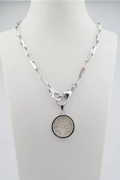 Kadın Özel Tasarım Hayat Ağacı ve El Figürlü  Örme Zincirli Kolye - Resim 2