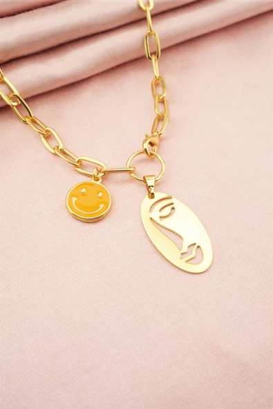 Kadın Gülen Yüz Figürlü Mineli Kolye - Resim 3