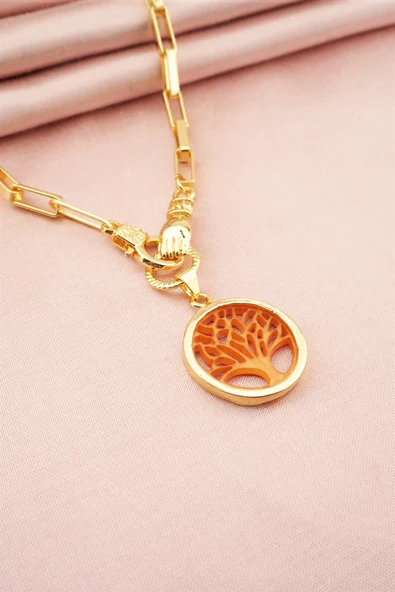 Kadın Özel Tasarım Hayat Ağacı ve El Figürlü  Örme Zincirli Kolye ürün görseli