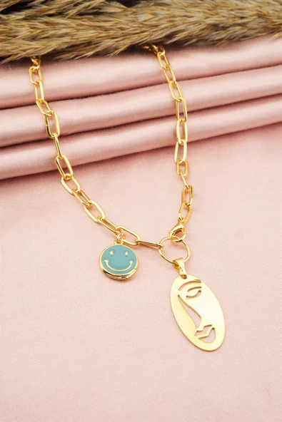 Kadın Gülen Yüz Figürlü Mineli Kolye - Resim 2