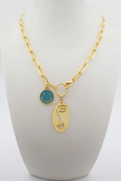 Kadın Gülen Yüz Figürlü Mineli Kolye ürün görseli