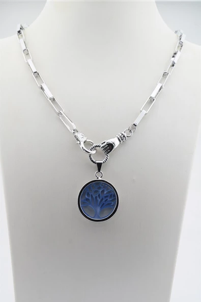 Kadın Özel Tasarım Hayat Ağacı ve El Figürlü  Örme Zincirli Kolye - Resim 2