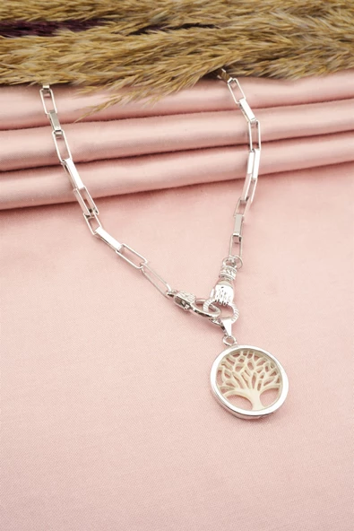 Kadın Özel Tasarım Hayat Ağacı ve El Figürlü  Örme Zincirli Kolye - Resim 3