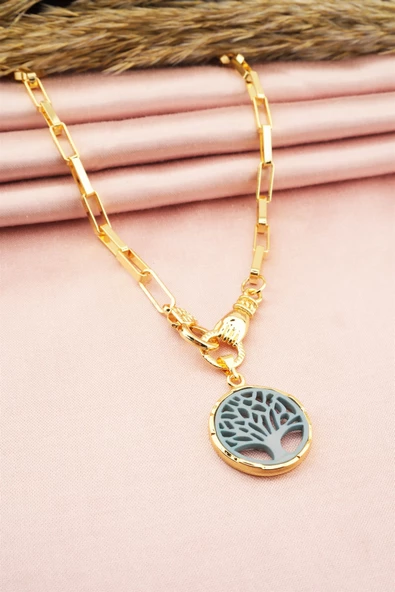 Kadın Özel Tasarım Hayat Ağacı ve El Figürlü  Örme Zincirli Kolye - Resim 3