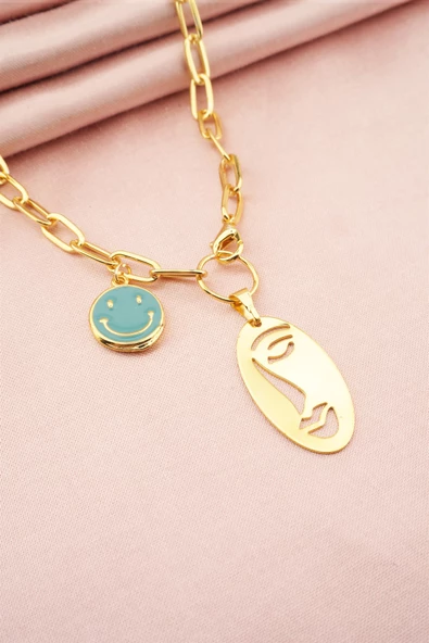 Kadın Gülen Yüz Figürlü Mineli Kolye - Resim 3