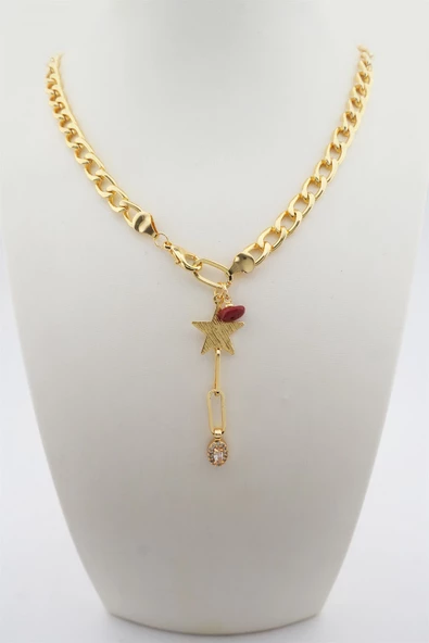 Kadın Özel Tasarım Baget Zirkonlu Kırmızı Taşlı Prenses Zincirli Kolye ürün görseli