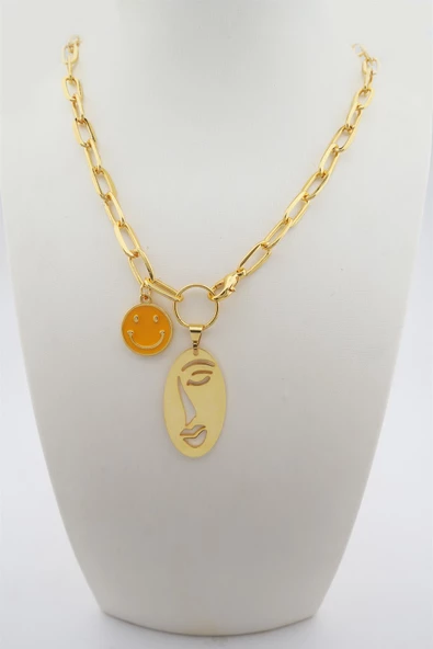 Kadın Gülen Yüz Figürlü Mineli Kolye ürün görseli