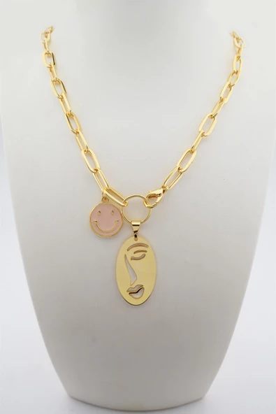 Kadın Gülen Yüz Figürlü Mineli Kolye ürün görseli