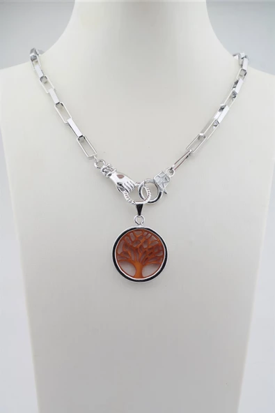 Kadın Özel Tasarım Hayat Ağacı ve El Figürlü  Örme Zincirli Kolye - Resim 3