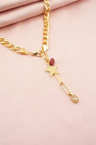 Kadın Özel Tasarım Baget Zirkonlu Kırmızı Taşlı Prenses Zincirli Kolye - Resim 2