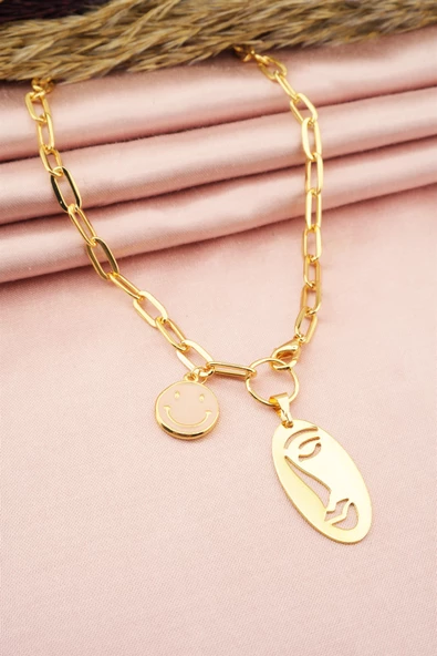 Kadın Gülen Yüz Figürlü Mineli Kolye - Resim 3