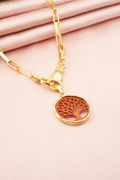 Kadın Özel Tasarım Hayat Ağacı ve El Figürlü  Örme Zincirli Kolye ürün görseli