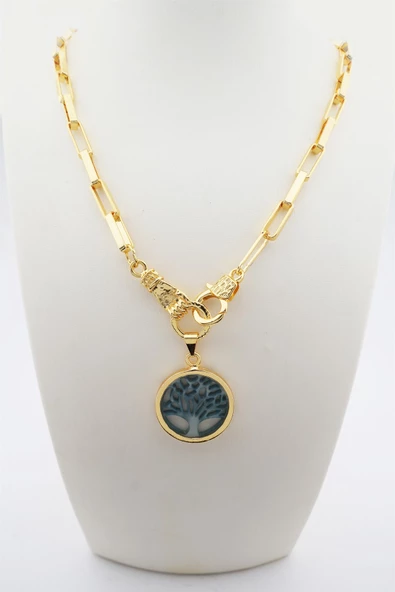 Kadın Özel Tasarım Hayat Ağacı ve El Figürlü  Örme Zincirli Kolye - Resim 2