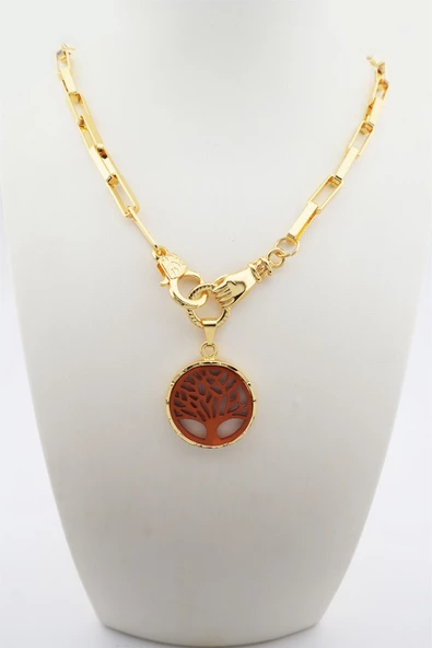 Kadın Özel Tasarım Hayat Ağacı ve El Figürlü  Örme Zincirli Kolye - Resim 2