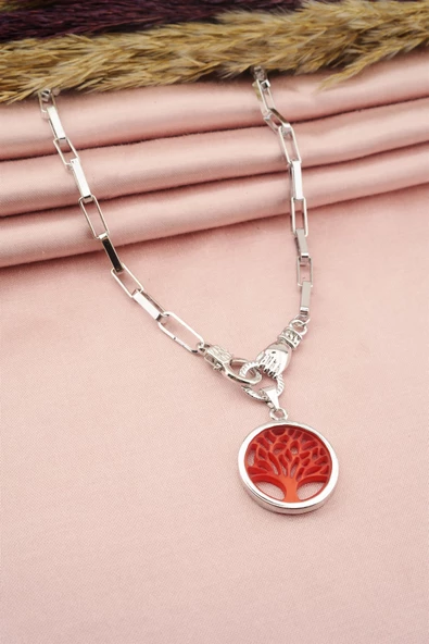 Kadın Özel Tasarım Hayat Ağacı ve El Figürlü  Örme Zincirli Kolye - Resim 3