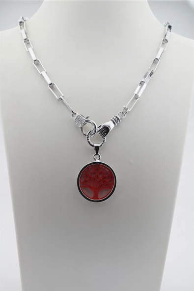 Kadın Özel Tasarım Hayat Ağacı ve El Figürlü  Örme Zincirli Kolye - Resim 2