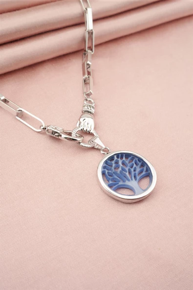 Kadın Özel Tasarım Hayat Ağacı ve El Figürlü  Örme Zincirli Kolye ürün görseli