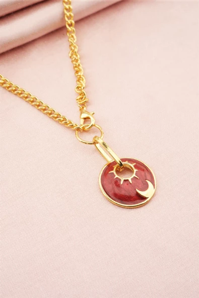 Kadın Özel Tasarım Ay ve Güneş Temalı Mineli Traşlı Prenses Zincirli Kolye ürün görseli