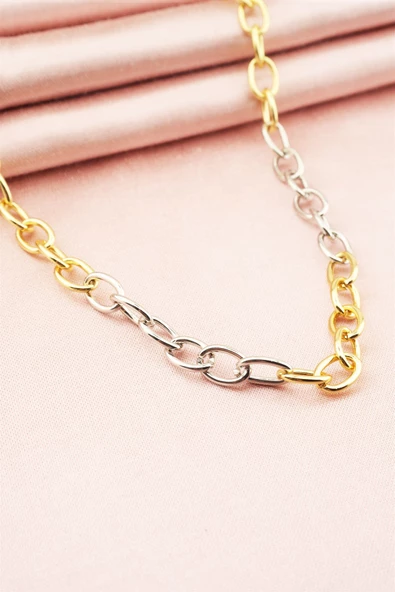 Kadın 40 Cm Gümüş ve Altın Renk Örme Kolye - Resim 3