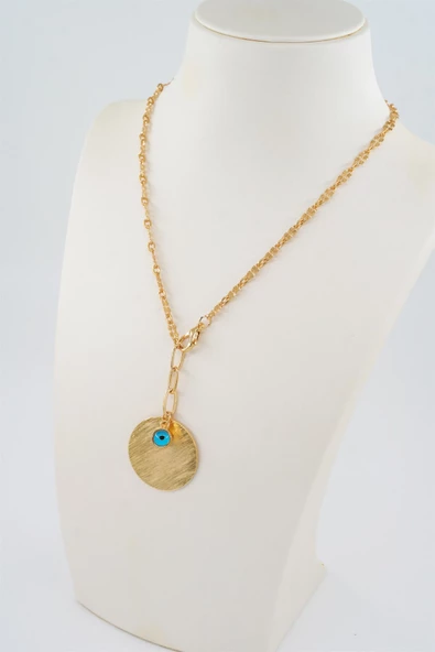 Kadın Özel Tasarım Nazar Boncuklu ve Yuvarlak Plakalı Kolye ürün görseli