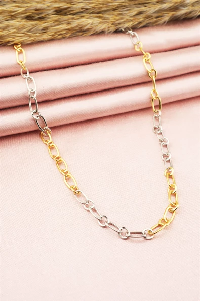 Kadın 40 Cm Gümüş ve Altın Renk Örme Kolye - Resim 4