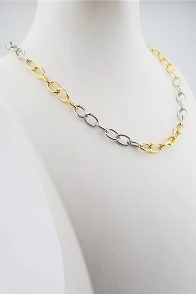 Kadın 40 Cm Gümüş ve Altın Renk Örme Kolye ürün görseli