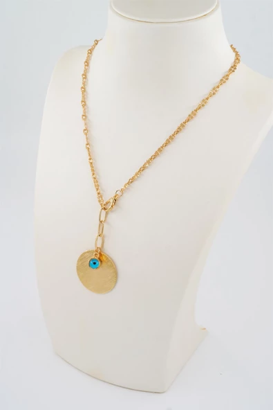 Kadın Özel Tasarım Nazar Boncuklu ve Yuvarlak Plakalı Kolye - Resim 3