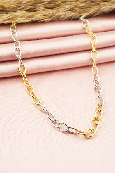 Kadın 40 Cm Gümüş ve Altın Renk Örme Kolye - Resim 2