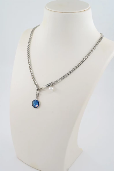 Kadın Özel Tasarım Prenses Zincirli Lacivert Taşlı ve İncili Kolye - Resim 3