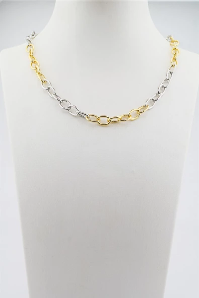 Kadın 40 Cm Gümüş ve Altın Renk Örme Kolye - Resim 4