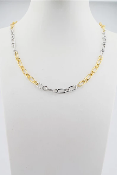 Kadın 40 Cm Gümüş ve Altın Renk Örme Kolye - Resim 2