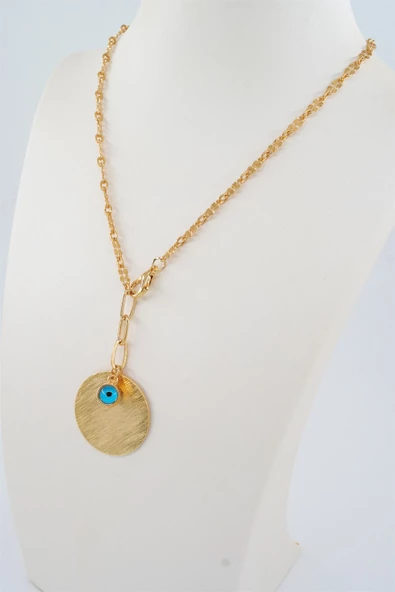 Kadın Özel Tasarım Nazar Boncuklu ve Yuvarlak Plakalı Kolye - Resim 2