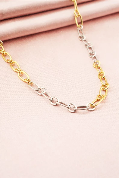 Kadın 40 Cm Gümüş ve Altın Renk Örme Kolye - Resim 3