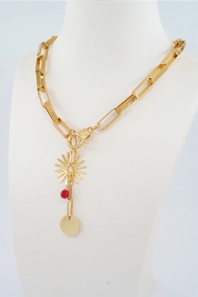 Kadın Özel Tasarım Kırmızı Boncuklu ve Güneş Figürlü Kolye - Resim 2